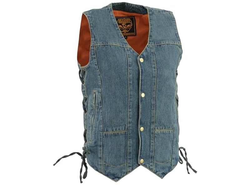 8 POCKETS BLUE DENIM COTTON BIKER VEST SIDE LACES