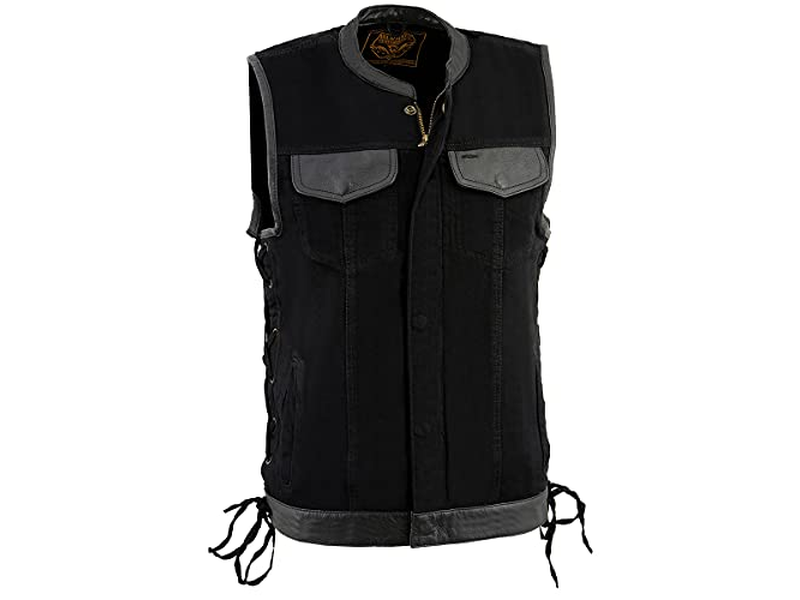 Black 'Hidden Zipper' Side Lace Motorcycle Rider Denim Vest