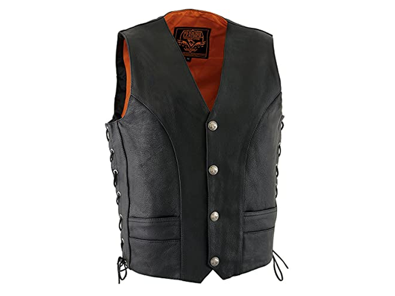 Men's Black Premium Leather Side Lace Motorcycle Rider Vest