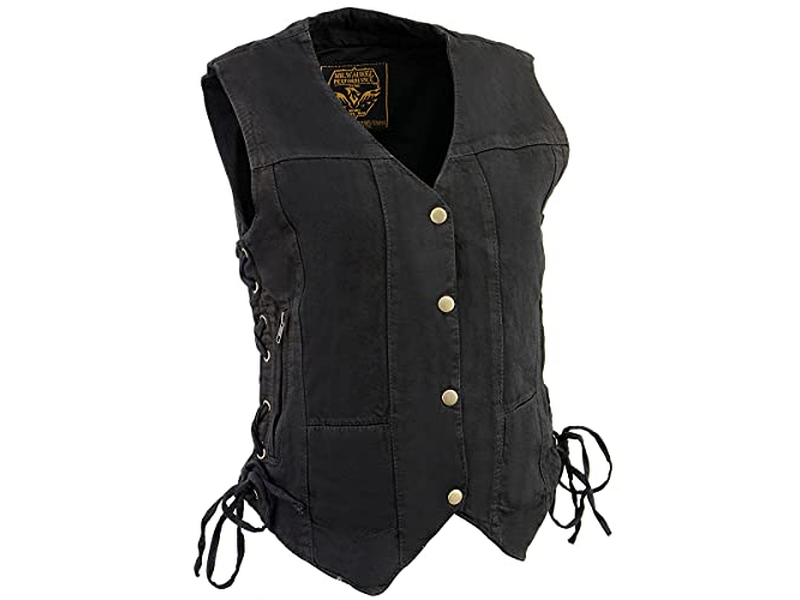 Women's Classic Black Pocket Side Lace Denim Vest