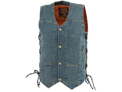 8 POCKETS BLUE DENIM COTTON BIKER VEST SIDE LACES