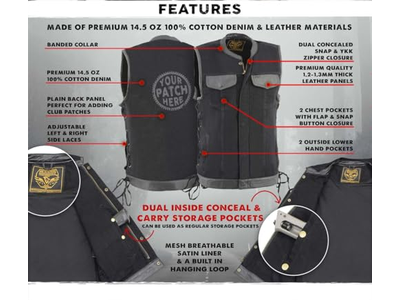 Black 'Hidden Zipper' Side Lace Motorcycle Rider Denim Vest