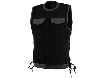 Black 'Hidden Zipper' Side Lace Motorcycle Rider Denim Vest