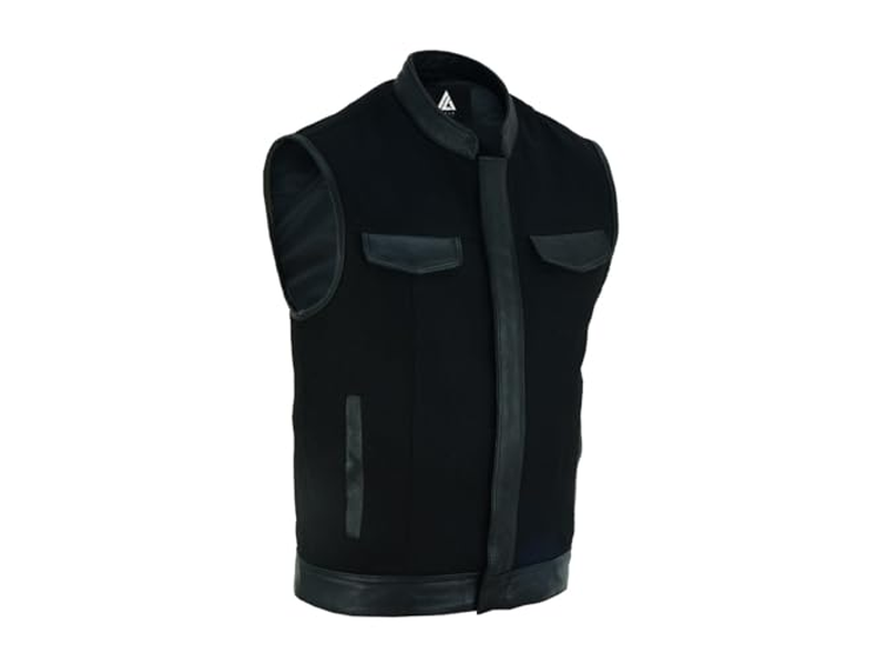 Black Denim Vest with Leather Trims for Motorcycle Bikers