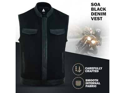 Black Denim Vest with Leather Trims for Motorcycle Bikers