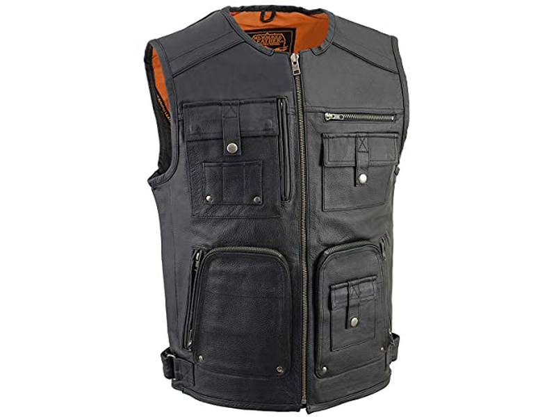 Classic Collarless Motorcycle Biker Rider Leather Vest