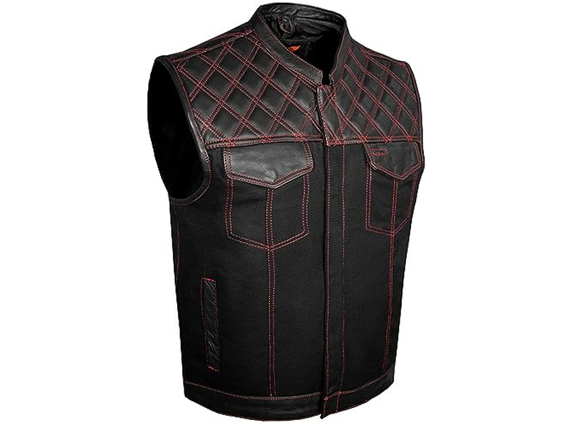Denim Leather Motorcycle Vest for Riding Concealed Carry Pockets