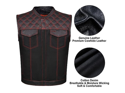 Denim Leather Motorcycle Vest for Riding Concealed Carry Pockets