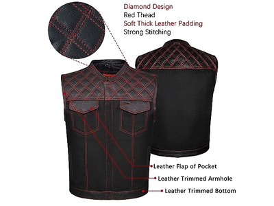 Denim Leather Motorcycle Vest for Riding Concealed Carry Pockets