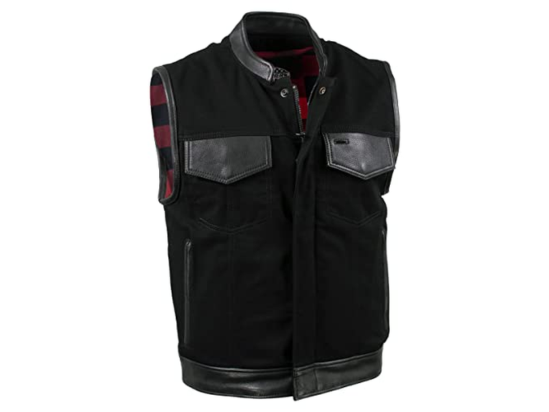 Denim Leather Motorcycle Vest with Plaid Red Lining