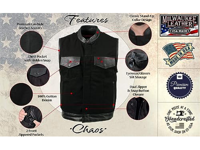 Denim Leather Motorcycle Vest with Plaid Red Lining