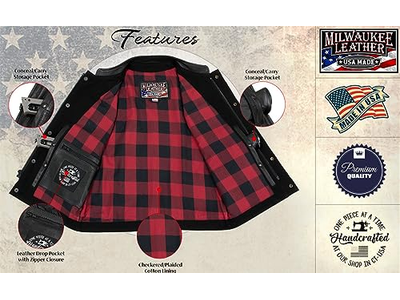 Denim Leather Motorcycle Vest with Plaid Red Lining