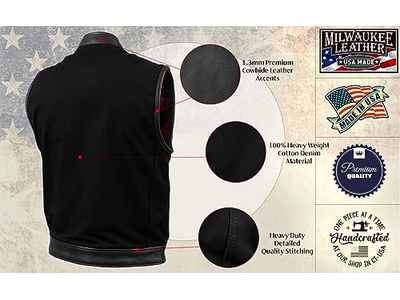 Denim Leather Motorcycle Vest with Plaid Red Lining