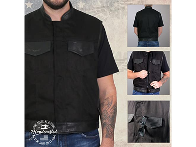 Denim Leather Motorcycle Vest with Plaid Red Lining