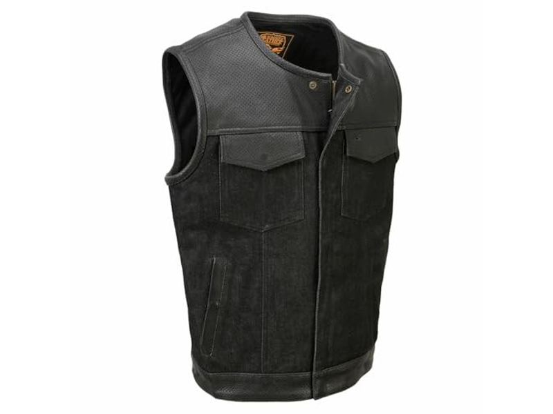 Men's 'Brute' Black Perforated Leather and Denim Club Style Vest