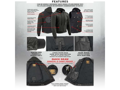 Men's Black Denim '5-in-1' Club Style Vest with Removable Hoodie