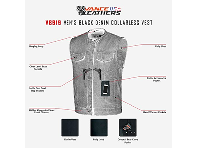 Men's Black Denim Collarless Club Vest with Conceal