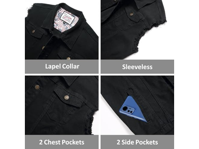 Men's Denim Vest Sleeveless Jean Jacket Ripped Stretchy