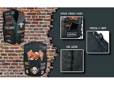 Men's Genuine Motorcycle Leather Patched Biker Vest