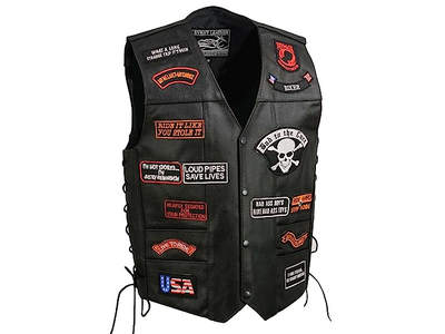 Men's Genuine Motorcycle Leather Patched Biker Vest