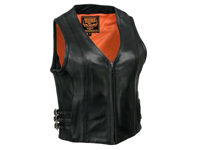 Women's Black Premium Leather Side Buckle Motorcycle Rider Vest